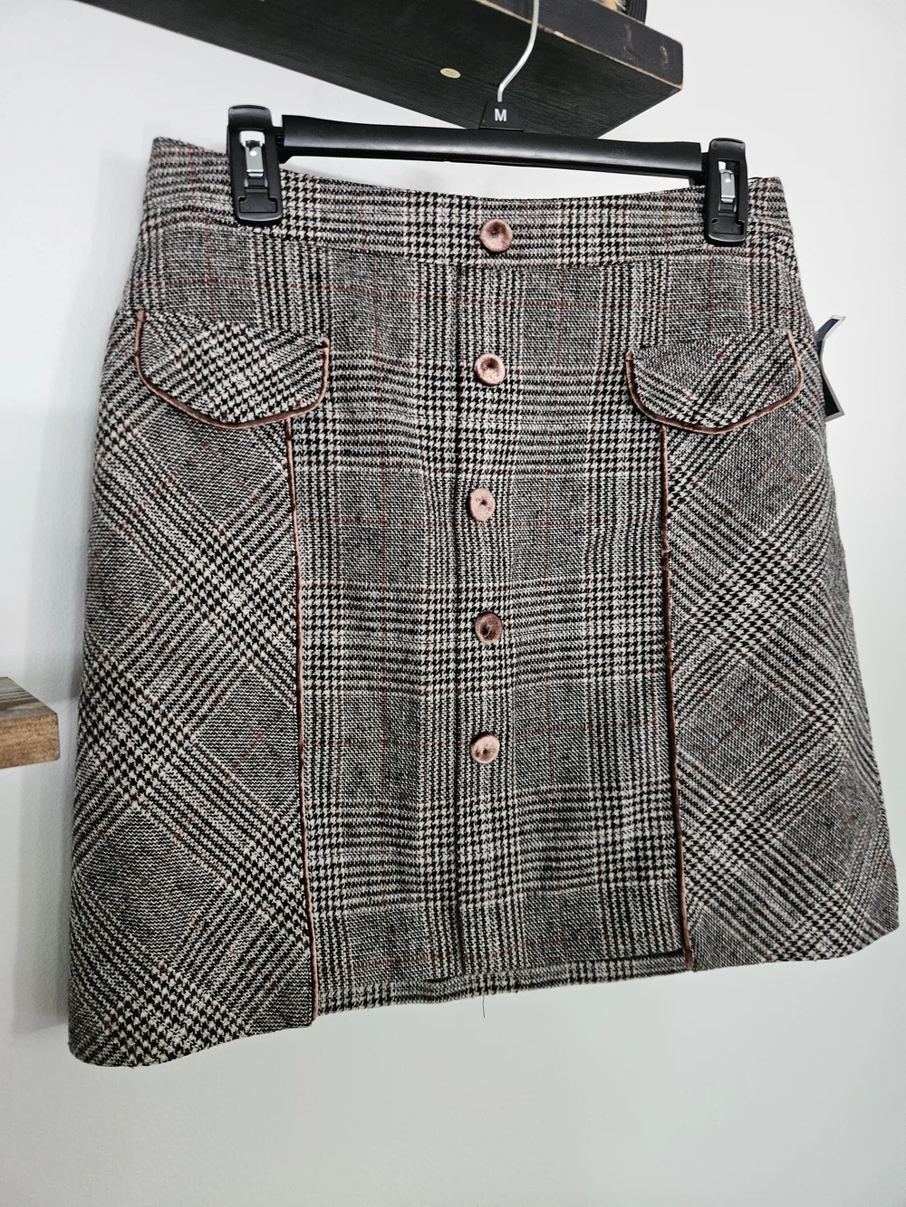 Plaid Button-Front Pencil Skirt in Brown and Black